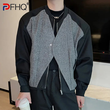 PFHQ Autumn Men's Jacket Woolen Patchwork Fake Two-piece Zipper Loose O-neck Contrast Color Casual Male Top New Fashion 9C7666