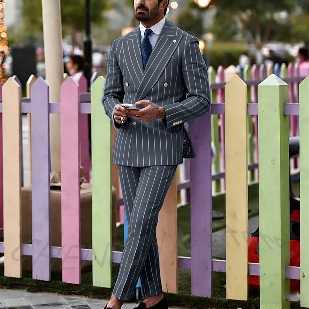 Light Purple Striped Men Suit England Style Peaked Lapel Double Breasted Classic Male Clothing Wedding Groom Tuxedo Custom Set