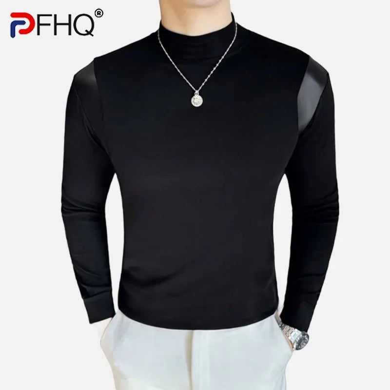 PFHQ Fashion Men's Tops Pullover PU Leather Solid Color Slim Mock Neck T-shirts Slim Long Sleeve Casual Male Tees Spring 21Z9025