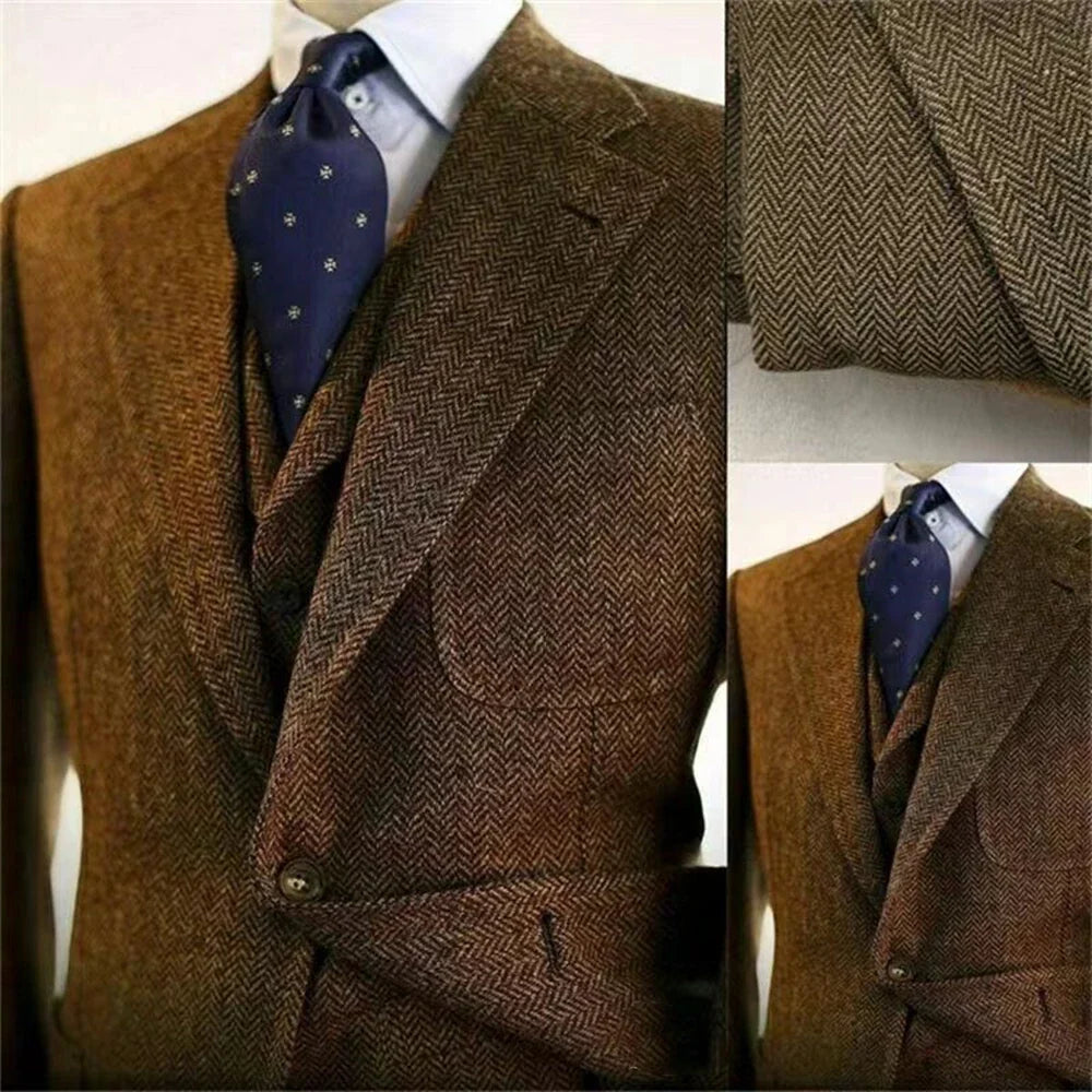 Tweed de lana marrón trajes para hombres para el negocio de la boda novio formal de hemoros hemoros de la moda masculina de 3 piezas (chaqueta+chaleco+pantalones)