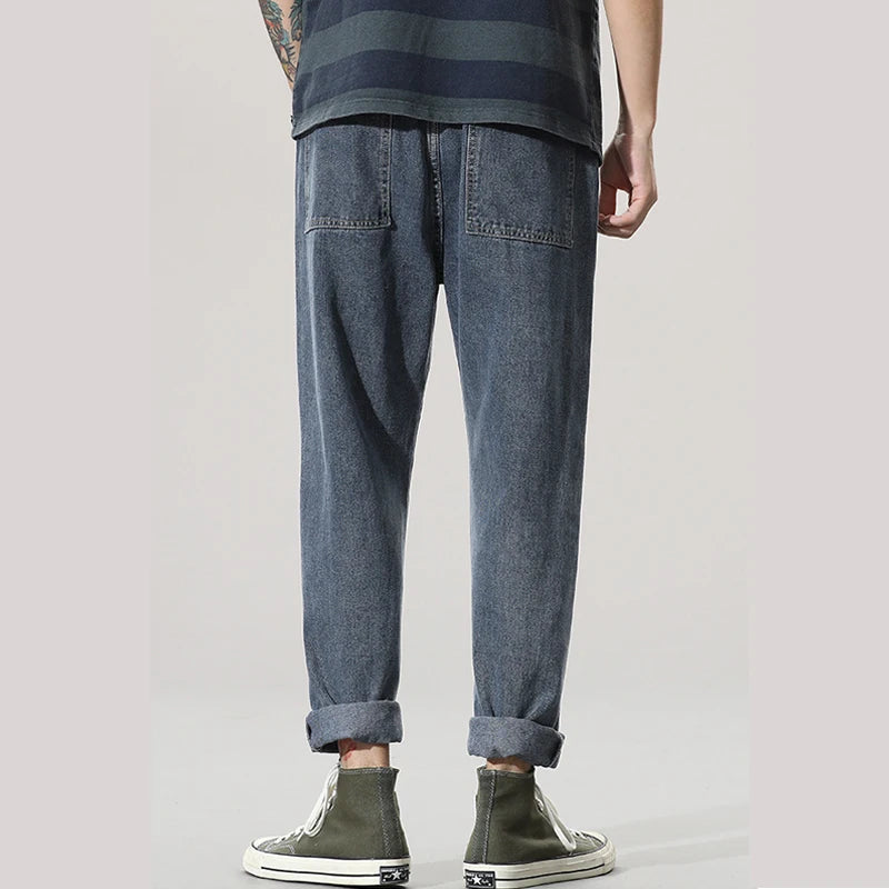 Jeans Men Autum Summer Baggy Thin Street Ruffian Handsome Loose Pants Straight Drop Vintage Denim Distressed  Blue Elastic Waist