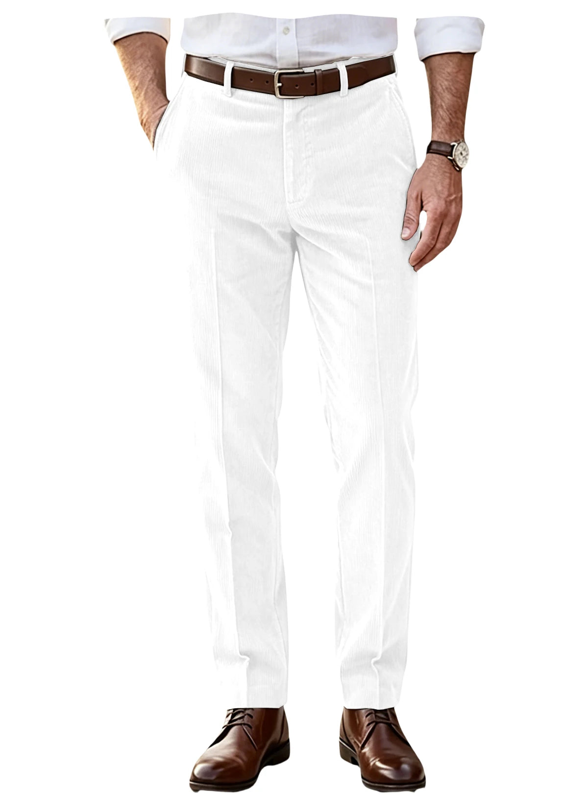 Men's Khaki Corduroy Pants Straight Leg Classic Fit Elastic Waist Comfort Wrinkle Resistant Formal Trousers For Business Office