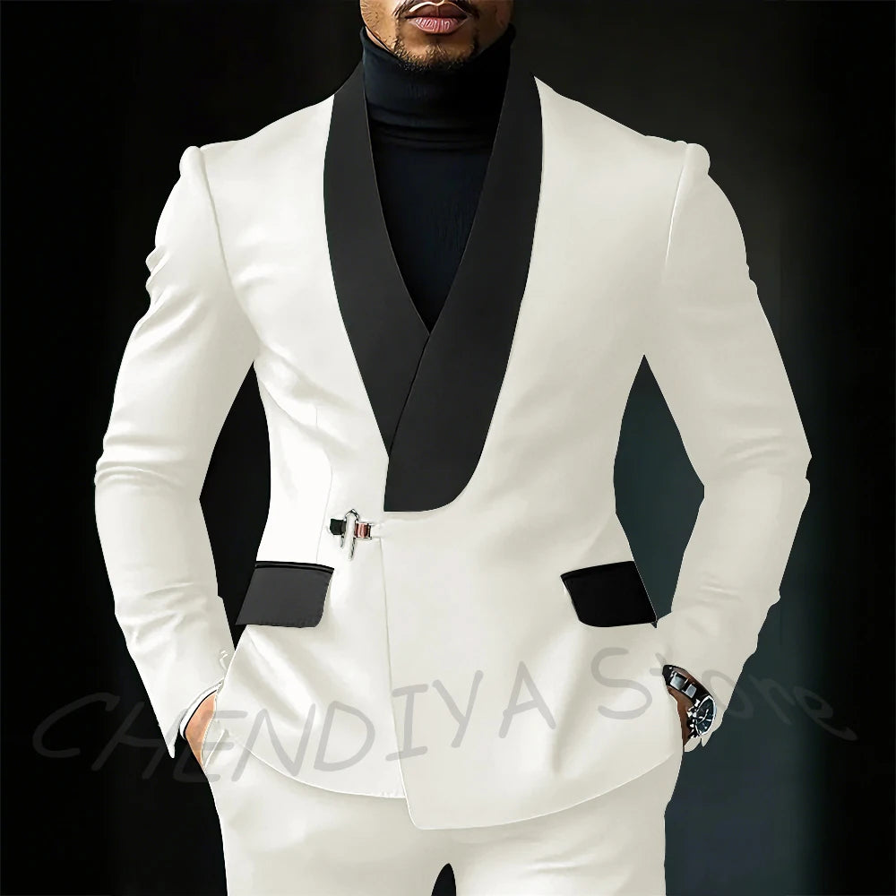 Contrast Color Men's Suit Set 2 Piece Elegant Shawl Lapel Slim Fit Formal Outfit Business Casual Jacket Pants Customized