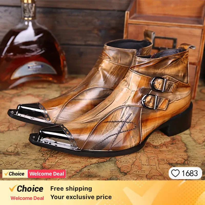 Western men's booties leather shoes pointy brown leather ankle boots men's zipper 6.5cm high heels motorcycle shoes