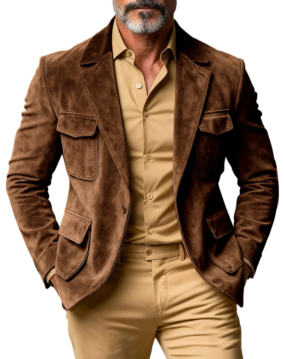 Men's Suede Safari Blazer Slim Fit Notch Lapel Multi-Pocket Hunting Jacket Autumn Winter Casual Business Sport Coat