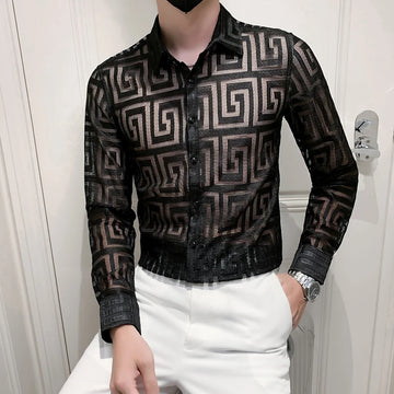 Autumn New Sexy Transparent Lace Shirt Men Clothing Simple All Match Slim Fit Long Sleeve Club/Prom Tuxedo Chemise Homme 4XL