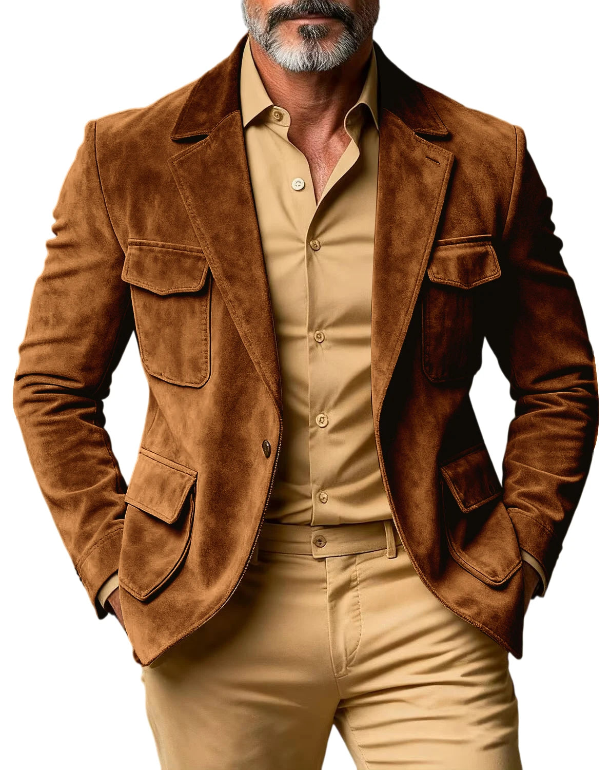 Men's Suede Safari Blazer Slim Fit Notch Lapel Multi-Pocket Hunting Jacket Autumn Winter Casual Business Sport Coat