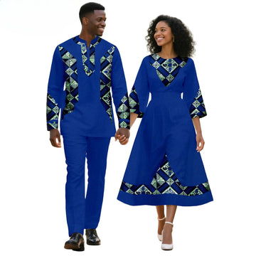 2025 African Matching Outfit for Couples Dashiki Summer Women Ruffles Dresses Bazin Riche Men Patchwork Top and Pant Sets