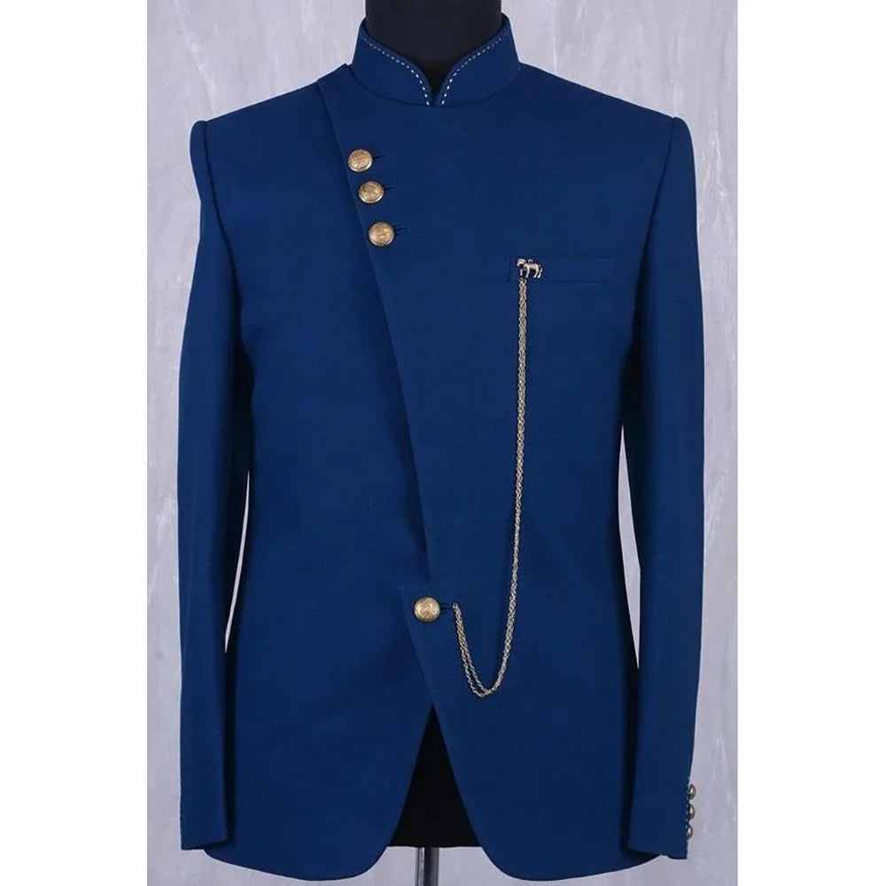 High Quality Blue Men Suit Casusl Blazer Single Breasted Stand Collar African Slim Fit Modern Style Outfits Jacket Pants