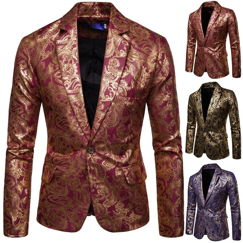 2023 Partido para el traje casual para hombres Fashion High End Fashion Luxury Gold Flower Impresión Negocio Blazers para hombres