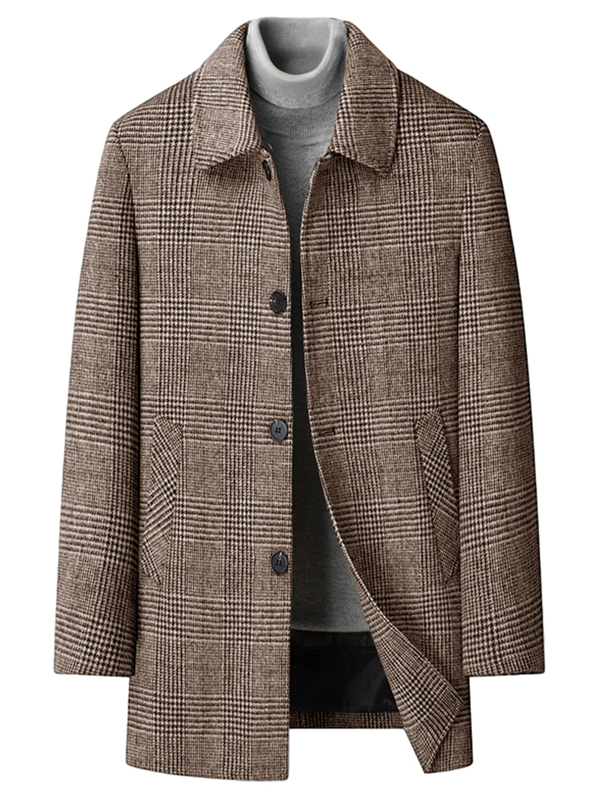 Men's Plaid Wool Blend Overcoat Turn Down Collar Mid Length Classic British Style Jacket For Business Casual