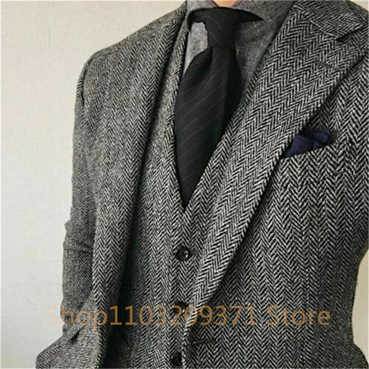 3 peças 2024 Ternos masculinos Tweed Grey Tweed Herringbone Slim Fit Business Notch Tuxedos (Blazer+Vest+Calças)