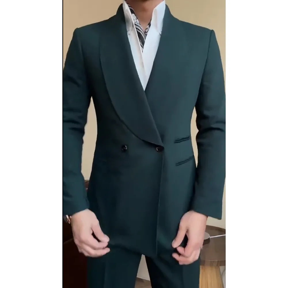 Double Breasted Men Green Suit 2 Piece Jacket Pants Wedding Groom Tuxedo Business Casual Formal Male Clothing