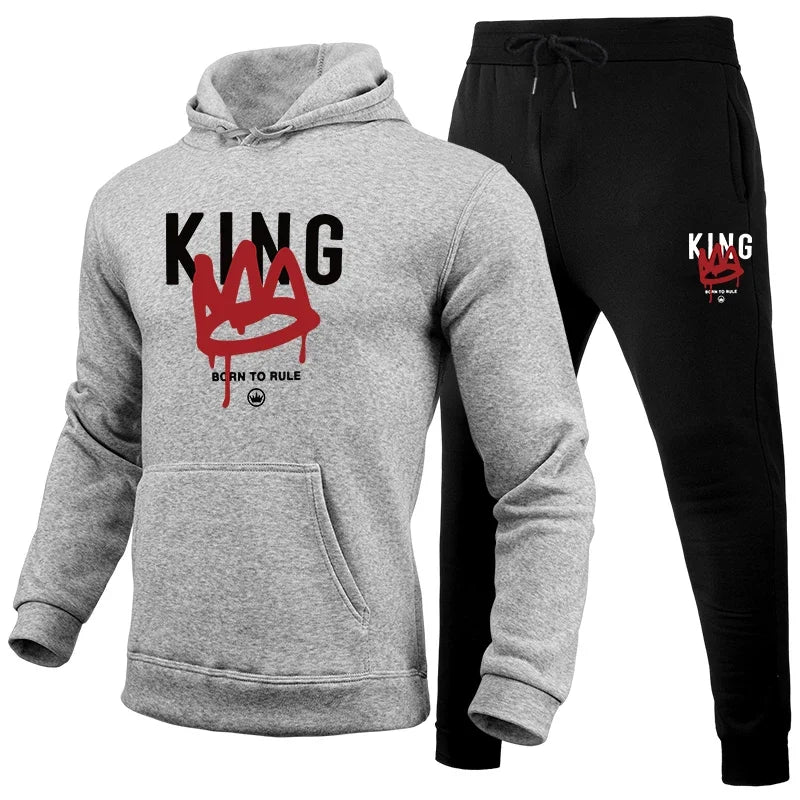 Men's King Printed Tracksuit Hoodies Sweatpants Autumn Winter Daily Casual Sporty Jogger Suits Home Outdoor Comfort Warm Outfits