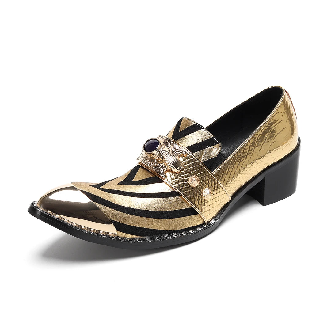 Large men's metal pointed gold rivet printed striped splicing high-heeled leather shoes club party leather formal shoes