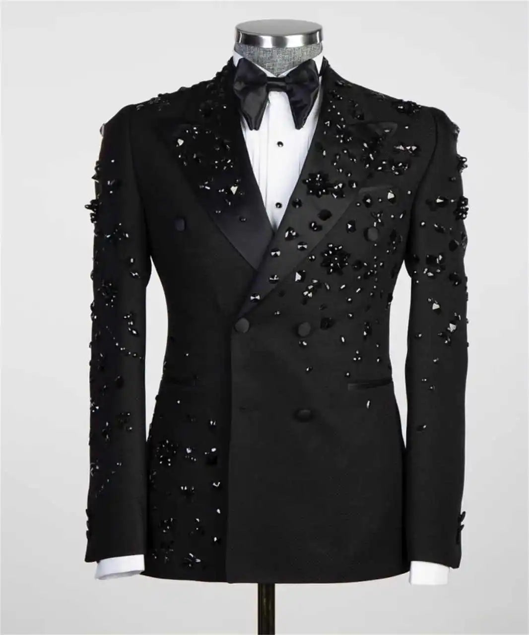 Luxury Men's Suits 2-Piece Beads Blazer Peaked Lapel Double Breasted Wedding Slim Fit Diamonds Custom Made Plus Size