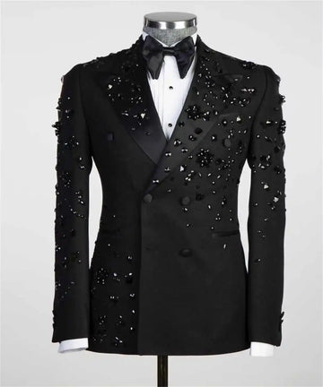 Luxury Men's Suits 2-Piece Beads Blazer Peaked Lapel Double Breasted Wedding Slim Fit Diamonds Custom Made Plus Size