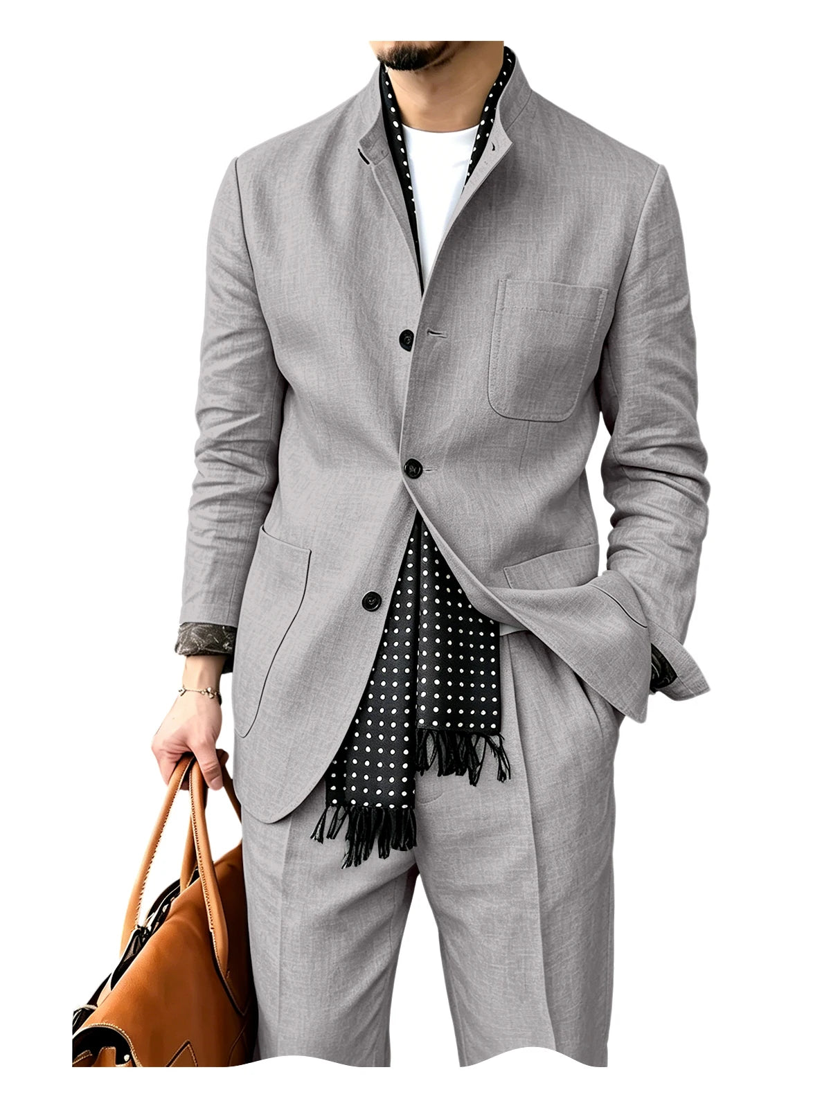 Men's Linen Blend 2 Piece Suit Set Stand Collar Three Button Breathable Casual Blazer Pants For Business Daily Wear Summer