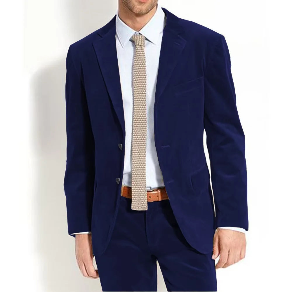 Men's Velvet Suit Vintage Solid Color Slim Fit Notched Lapel 2 Piece Jacket Pants Formal Set For Groom Wedding Business Casual