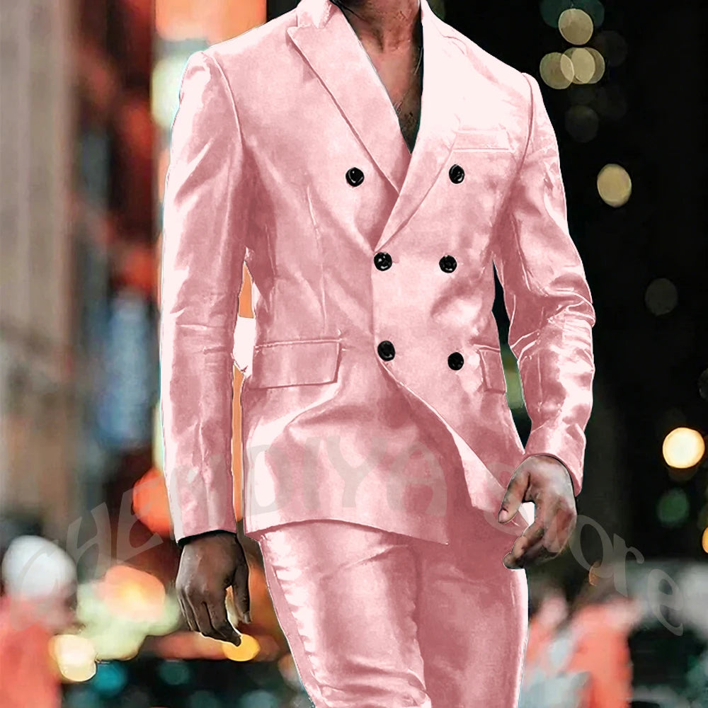 Elegant Satin Men Suit 2 Pieces Peaked Lapel Handsome Tailor-Made Custom Man Fashion Clothes Set Smart Casual Jacket Pants