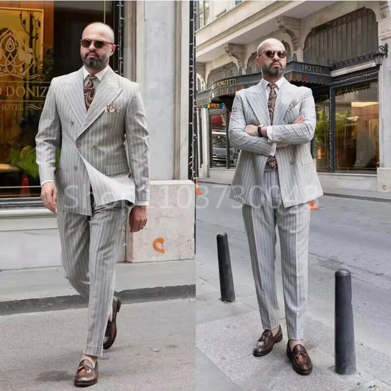 2 Piece Formal Light Grey Striped Men  Wedding Suit Peak Lapel Groom Tuxedo Slim Fit Business Suits Costume Homme For Party Prom