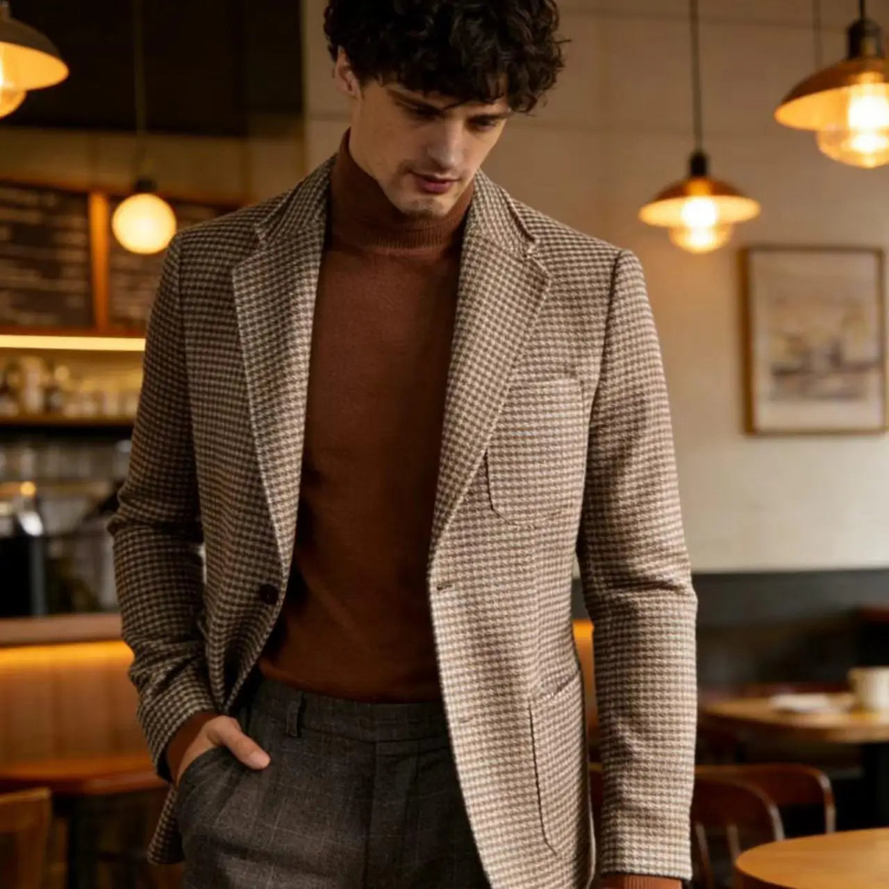 Men's Houndstooth Blazer Luxury Peak Lapel Slim Fit Wool Blend Suit Jacket For Classic Business Casual Fall Winter with Pockets
