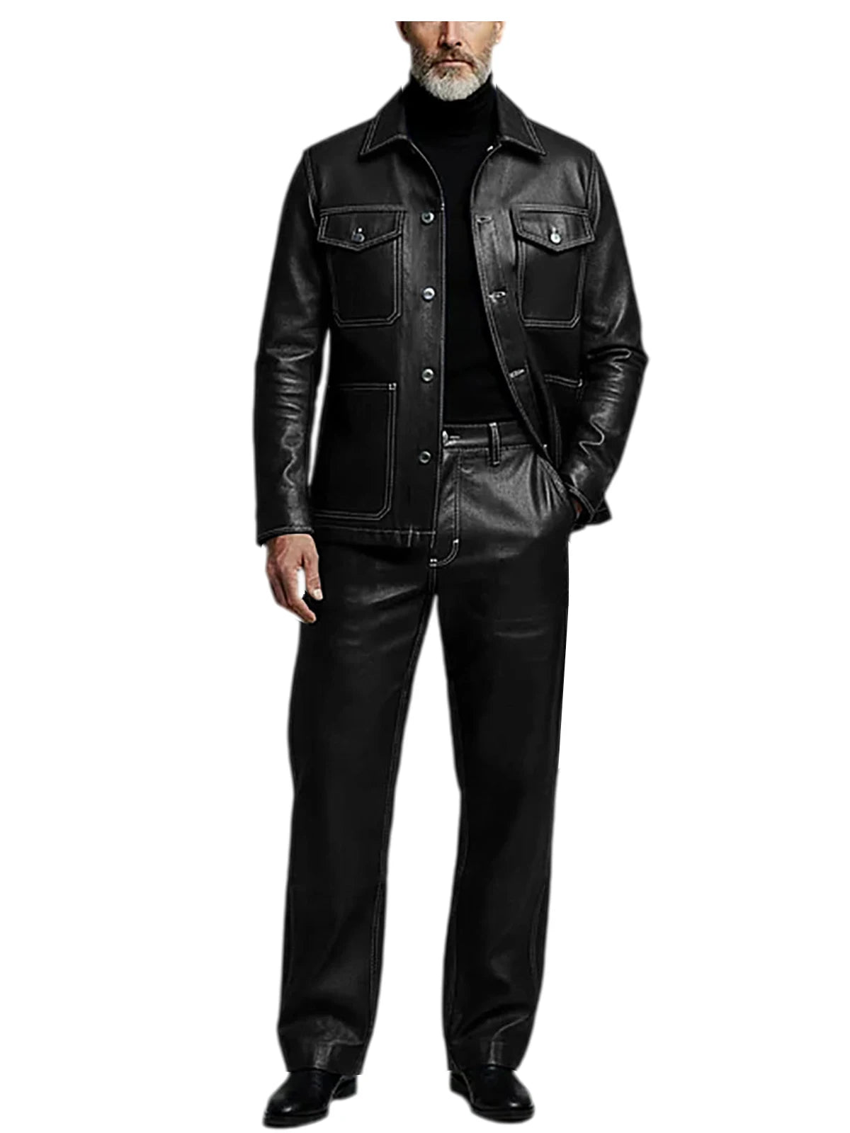 Men's 2 Piece PU Leather Suit Set Multi Pocket Shirt Collar Trucker Jacket Straight Leg Pants Business Casual Streetwear Outfits