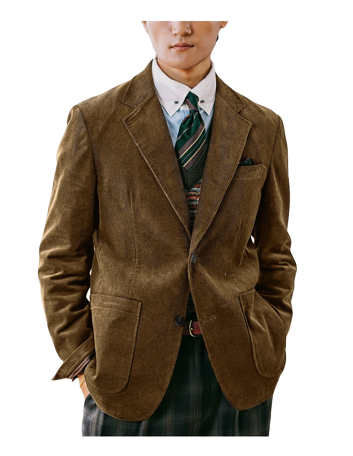 Men's Corduroy Blazer British Style Notched Lapel Casual Slim Fit Suit Jacket For Business Wedding Daily Wear Party