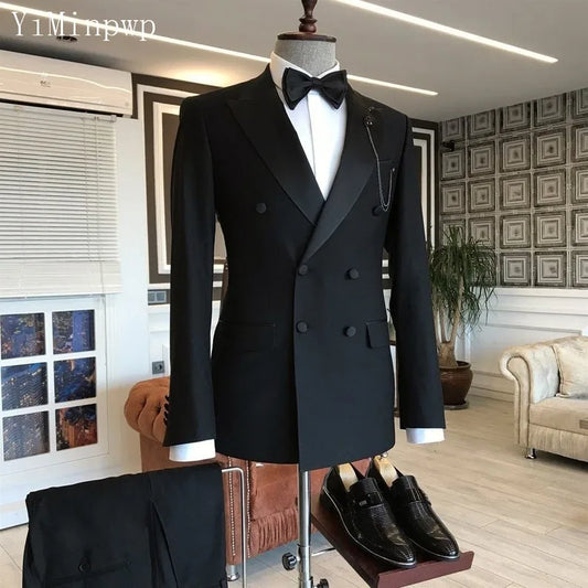 Black Wedding Suits for Men Bespoke Peak Lapel Double Breasted Blazer Groom Tuxedos  Costume Mariage Homme 2 Pieces Jacket+Pants