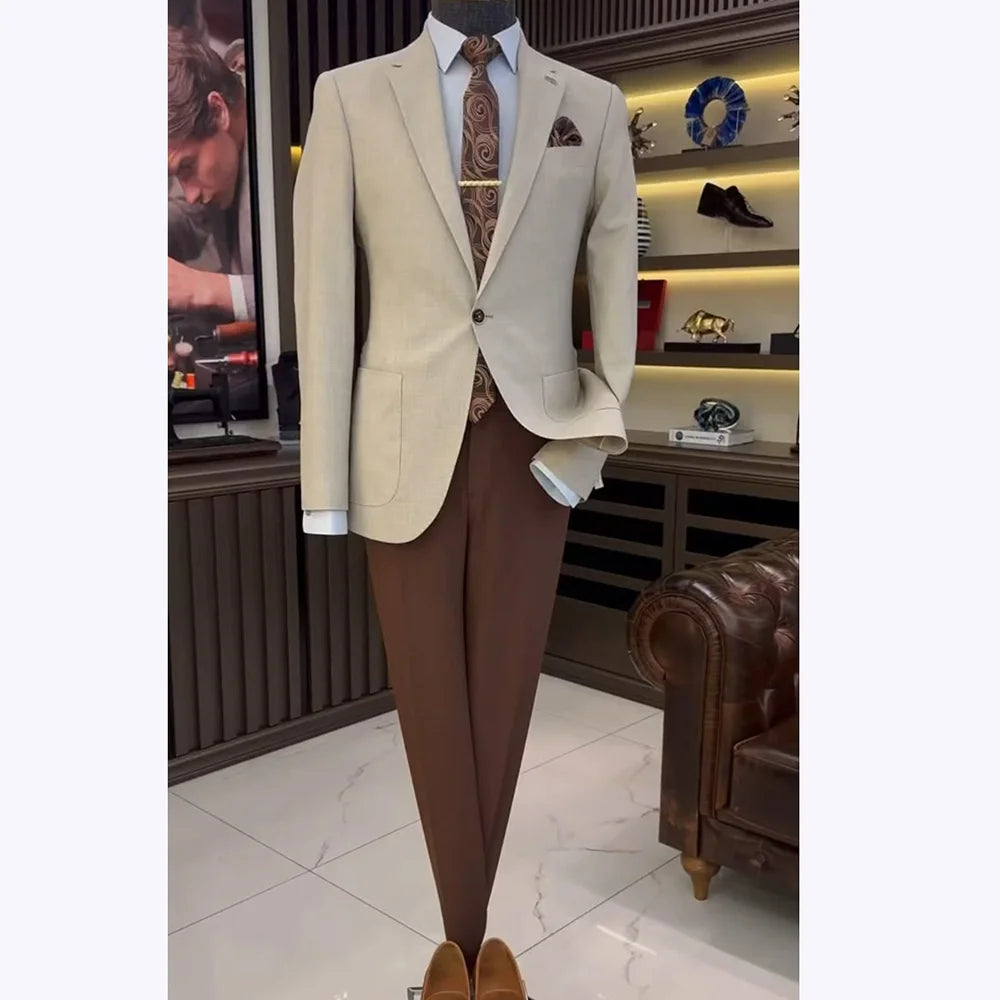 Elegant Men Suits Classy Single Button Formal Blazer Peak Lapel Slim Fit Male Suit Two Piece Business Casual Groom Wedding Set