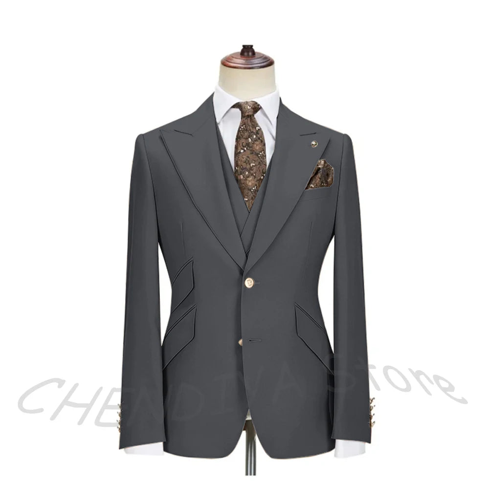 Solid Color Men's Suits 3 Piece (Blazer+Pants+Vest) Fashion Peak Lapel Single Breasted Prom Male  Business Casual Clothing