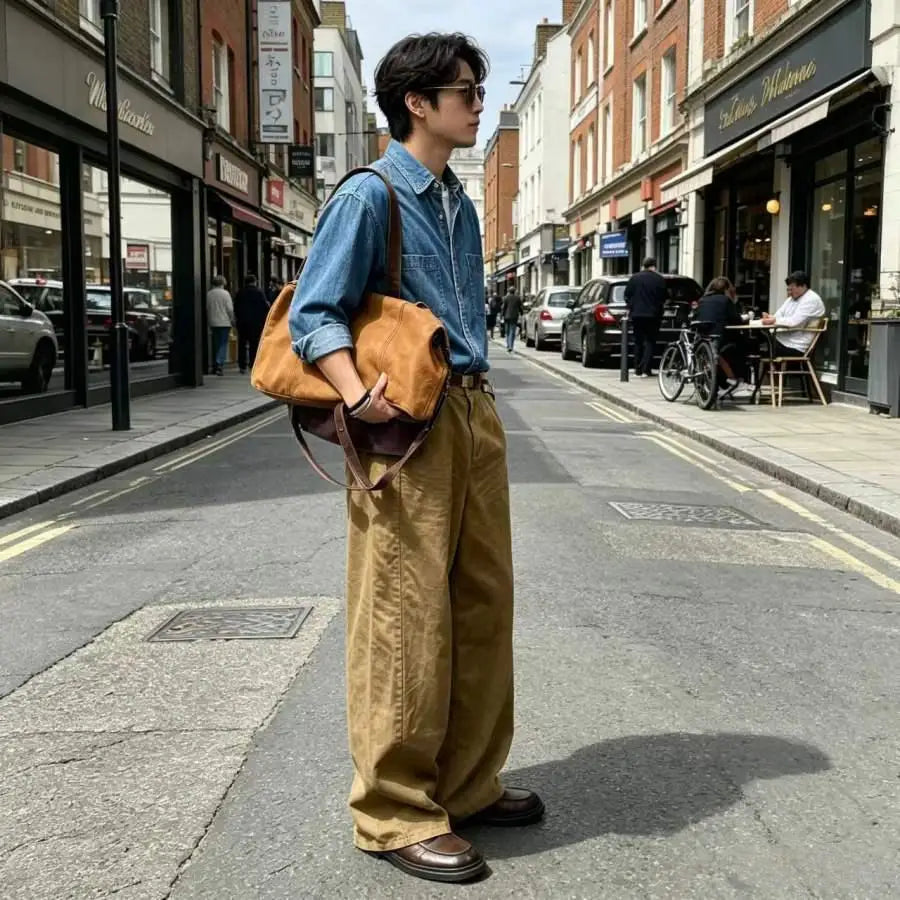 Men's Wide Leg Pants Casual Loose Fit Chino Trousers Vintage Streetwear Baggy Trousers for Daily Wear
