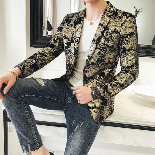 Luxury Gold Embroidered Suit Jacket for Men Stage Singer Evening Blazers Male Business Wedding Groom Social Host Dress Coat 5XL