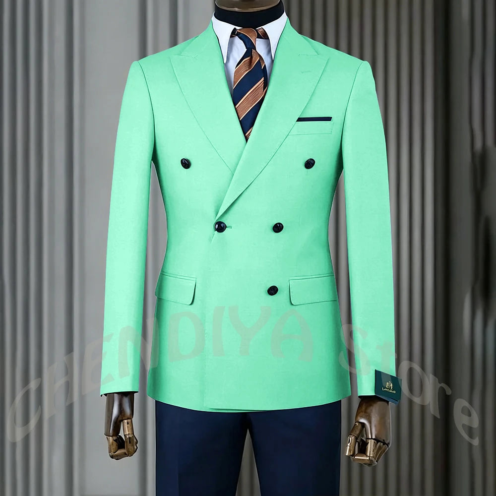 Stylish Men Suits Contrast Color Formal Blazer Male Clothing Double Breasted Business Casual Party Prom Jacket Pants Navy Blue