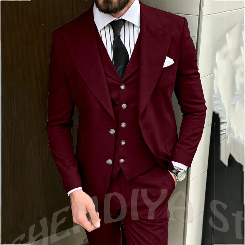 Light Gray Men Suit Business Three Piece Classic Design Single Breasted Peaked Lapel Blazer Vest Pants Formal Office Party Set