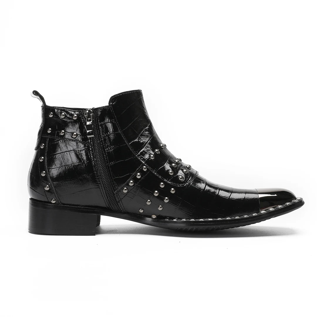 Rock metal square toe boots men's metal decoration high top side zipper boots British luxury handmade party men's shoes