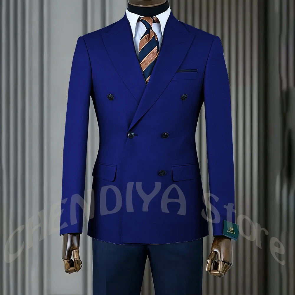 Stylish Men Suits Contrast Color Formal Blazer Male Clothing Double Breasted Business Casual Party Prom Jacket Pants Navy Blue