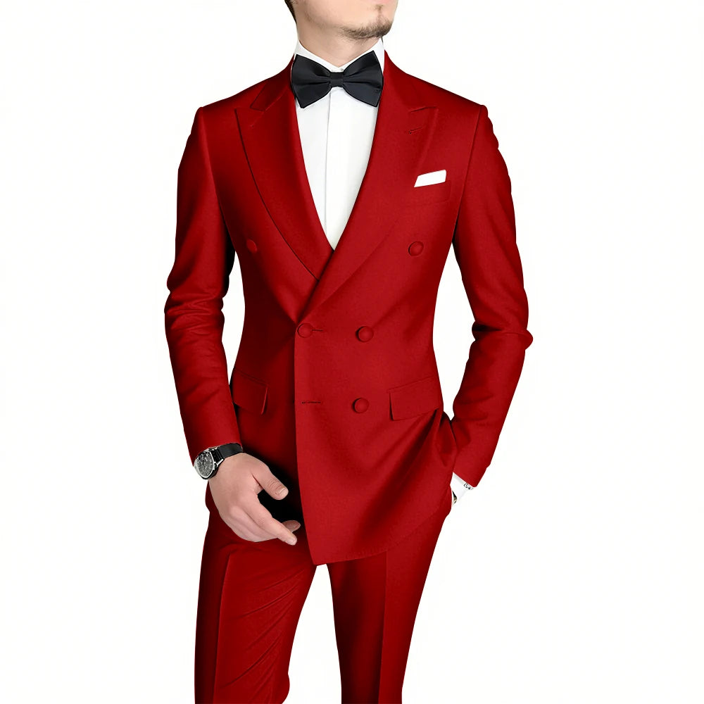 Classic Black Men's Suit Fashion Peak Lapel Double Breasted Outfits Wedding Groom Prom Business Formal Suit (Jacket+Pants)