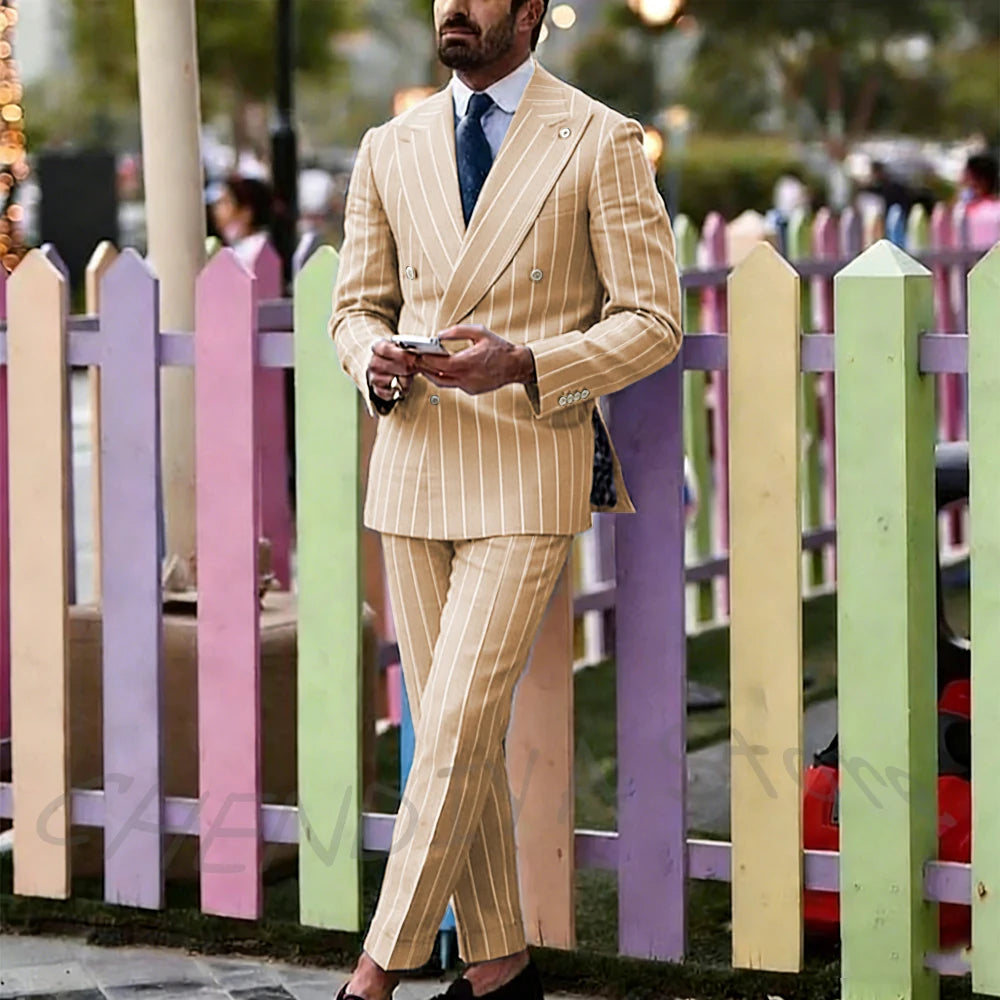 Light Purple Striped Men Suit England Style Peaked Lapel Double Breasted Classic Male Clothing Wedding Groom Tuxedo Custom Set