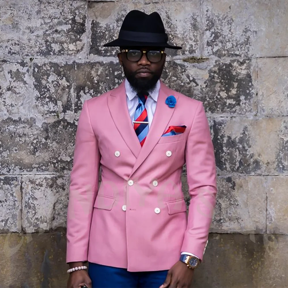 New Design 2026 Men's Suit Peaked Lapel Contrast Color Costume Outfit 2 Pieces Double Breasted Wedding Prom Chic Luxury Suit