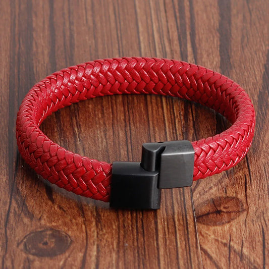 FIREBROS 12mm Blue Red Black Wear-resistant Genuine Leather Bracelet Bangle Men Women Jewelry Stainless Steel Magnetic Clasp