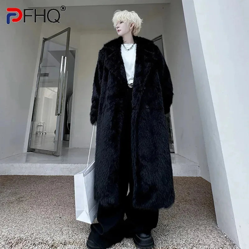 PFHQ Men's Windbreakers Faux Fur Korean Style Fleece Overknee Solid Lapel Double Breasted Thickened Casual Male Long Coat 9C8119