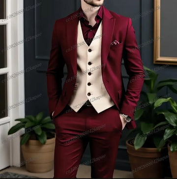 Burgundy And Beige Formal Men Suit Groom Groomsman Wedding Party Prom Business Male Tuxedos 3 Piece Set Blazer Vest Pants