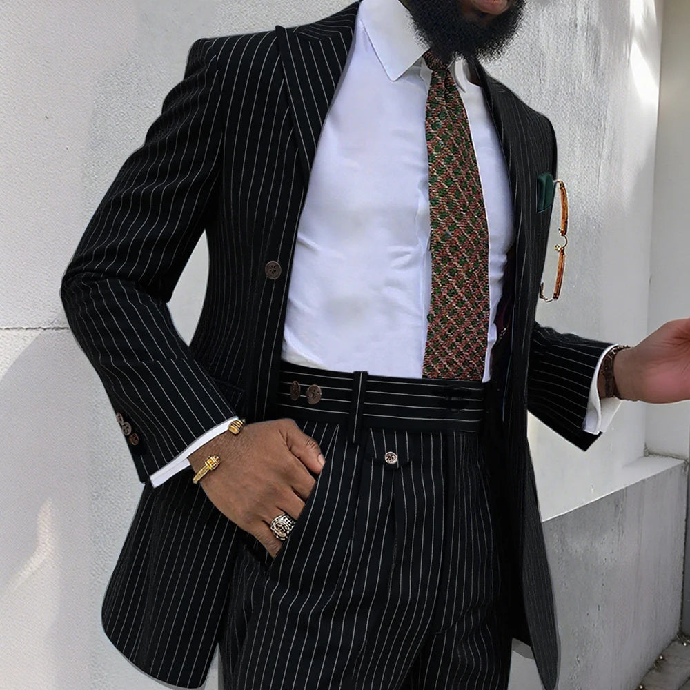 Brown Stripe Men Suits 2 Piece Chic Double Breasted Business Casual Outfits Fashion Peak Lapel Wedding Tuxedo (Jacket+Pants)