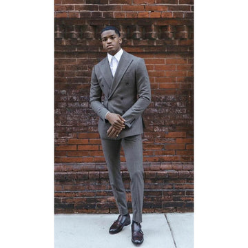 Grey Double Breasted Men's Suit 2 Pieces Jacket Pants Business Casual High Quality Office Stylish Male Clothing