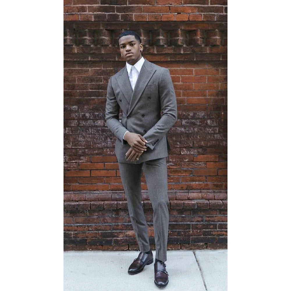 Grey Double Breasted Men's Suit 2 Pieces Jacket Pants Business Casual High Quality Office Stylish Male Clothing