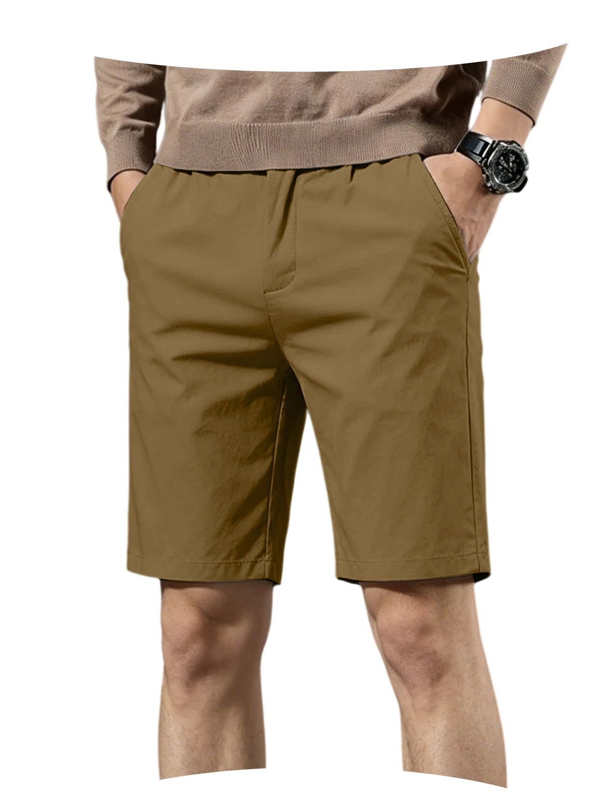 Men Cotton Solid Knee Length Bermuda Shorts Straight Chino Shorts Front Back Pockets Breathable Summer Beach Daily Casual Shorts