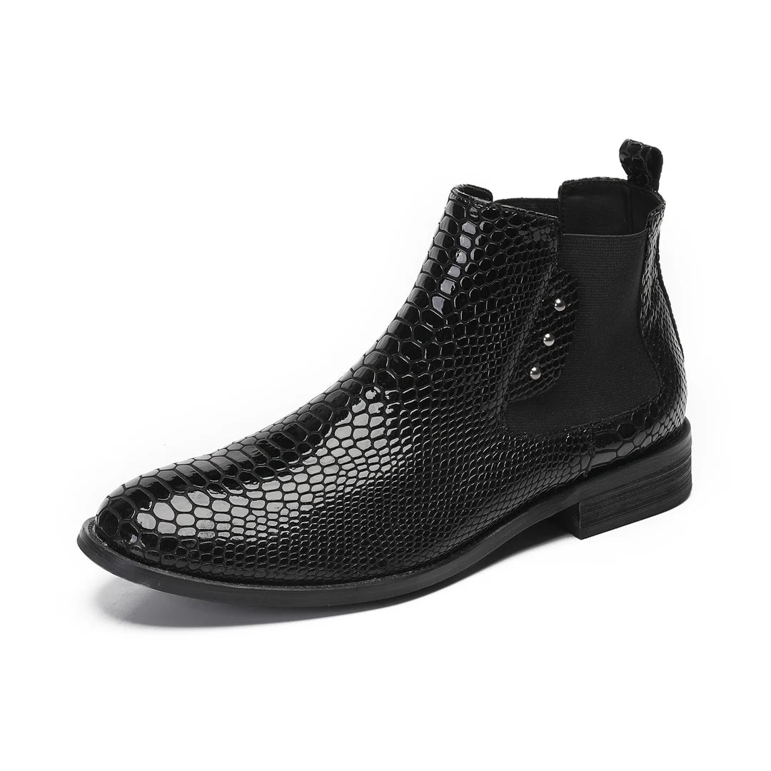 Fashionable Black Snake Patterned Denim Boots, British Plus Solid Color Ankle Boots, Classic Business Leather Men's Short Boots