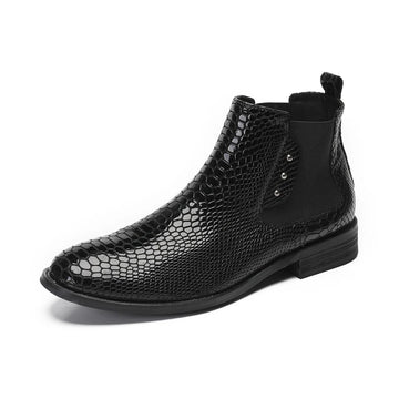 Fashionable Black Snake Patterned Denim Boots, British Plus Solid Color Ankle Boots, Classic Business Leather Men's Short Boots