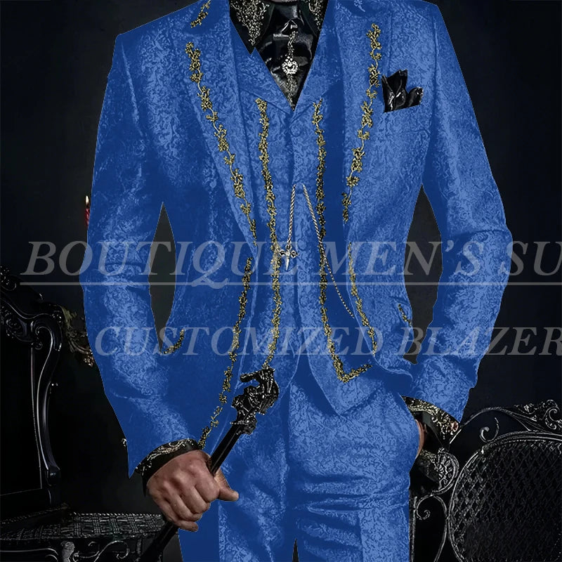 Elegant Black Jacquard Men Suits Embroidery Single Breasted Slim Fit 3 Piece Jacket Pants Vest Male Clothing Blazer Terno 2024